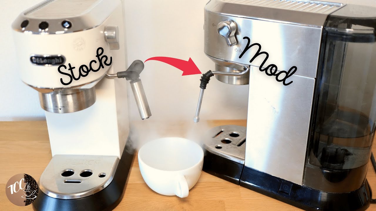 This image shows the old steam wand on the Delonghi Dedica, compared to the new steam wand.