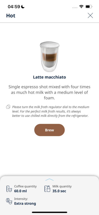 Delonghi Dinamica Plus Latte Macchiato Settings via App