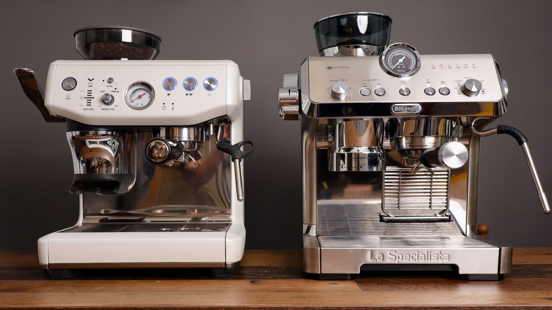 Here are the Breville Barista Express Impress and Delonghi La Specialista Opera from the front